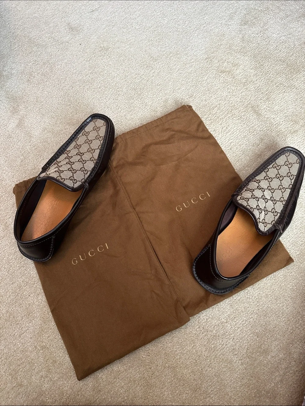 Gucci Brown GG Monogram Leather Trim Slip-On Loafers